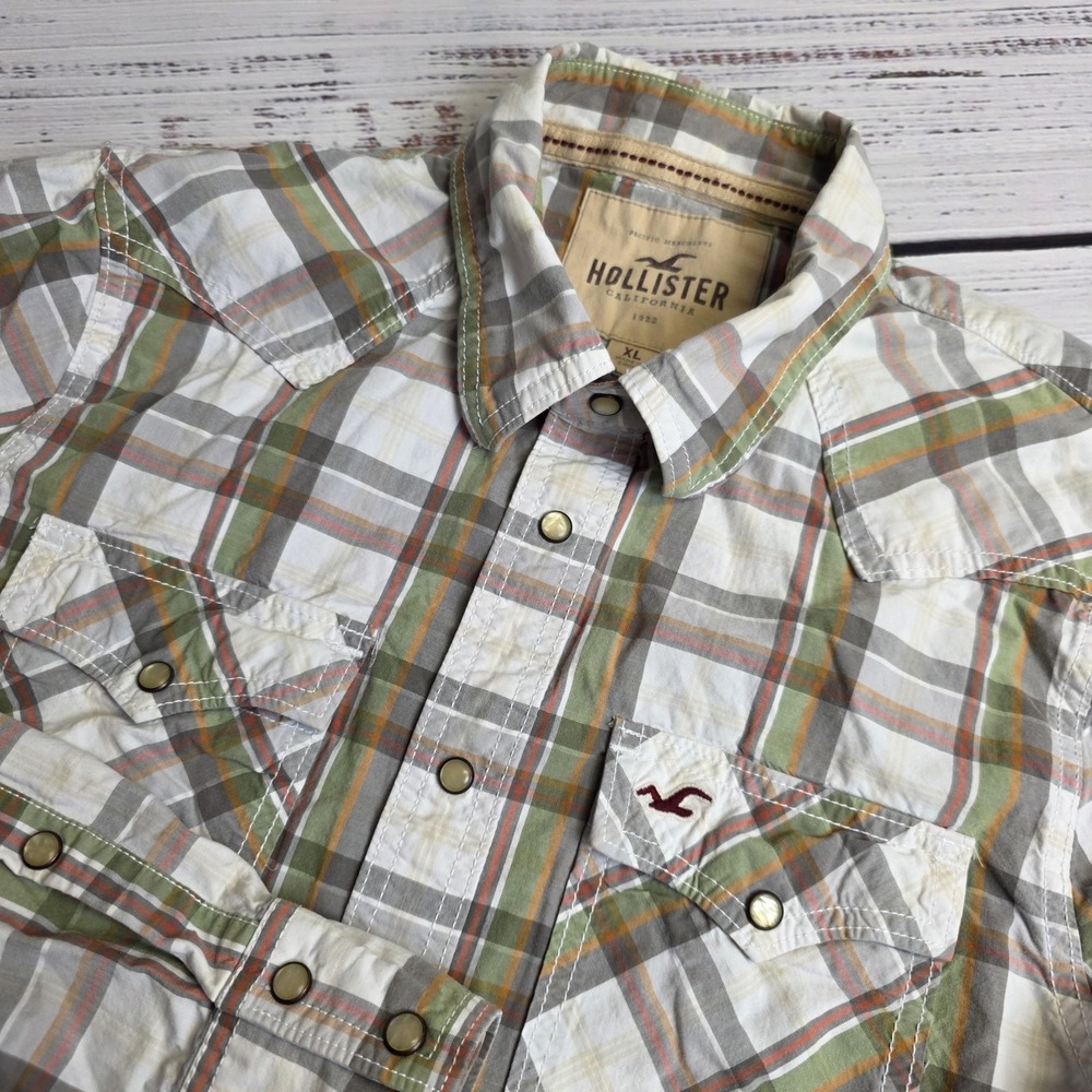 Hollister Pearl Snap Cowboy Western Shirt Men's XL Plaid Fall‎ Colors Pockets